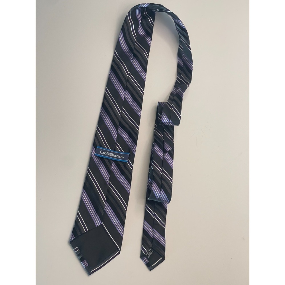 Croft & Barrow 100% Silk Black w/ Purple & White Stipes Men's‎ Neck Tie - Picture 5 of 6